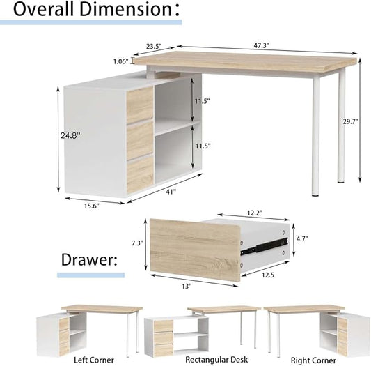 Bobve L Shaped Computer Desk, 47 Inch Home Office Desk with File Drawers & Storage Shelves, Small Corner Computer Desk for Small Space (White + Walnut)