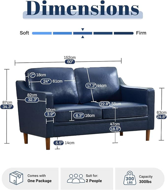Kingfun 60" Faux Leather Sofa, Loveseat Couch, Mid Century Modern Love Seat Couches with Solid Wood Frame for Living Room Bedroom