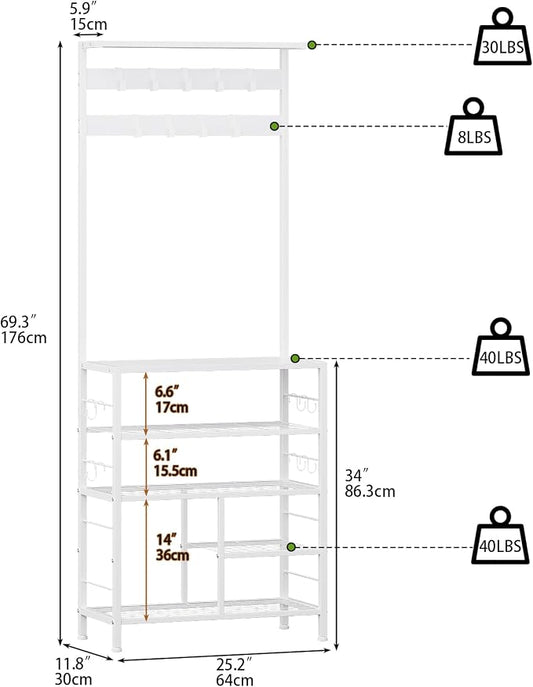 GiftGo Modern White Large 5-Tier Hall Tree Entryway Wooden Shoes Rack Shelf Coat Rack with Movable 9 Metal Hooks Storage Organizer for Home Office Bedroom Mudroom Living Room