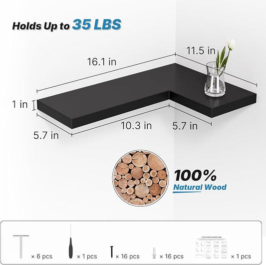 NATURE'S SOURCE Corner Floating Shelves with Invisible Brackets, Corner Shelves Wall Mounted Set of 3, Bedroom Bathroom Kitchen Living Room Office- Gothic Style 16.6" x 6" (Black)