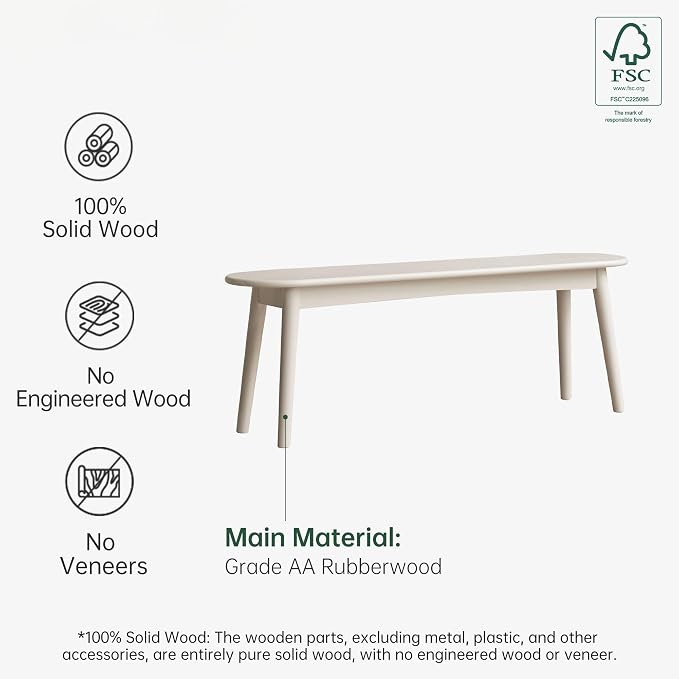 Modern Farmhouse Dining Bench with 100% Solid Rubberwood Bench Frame, Bed End Bench Entryway Bench Ottoman for Kitchen Living Room Bedroom Entrance (Wood White, 47.2'')