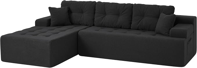 Hobestluk Modular Sectional Sofa Couches L-Shape Couch 3 Seat Modular Sofa Memory Foam Sectional Couches for Living Room, Cloud Couch with Oversized Chaise (Black Tufted, 108", Left Hand Facing)