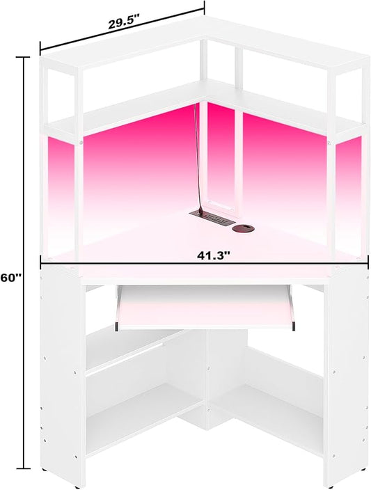 Armocity Corner Desk with Hutch and LED Light, L-Shaped Desk with Power Outlets & USB Ports, Corner Gaming Desk with Keyboard Tray and Storage Shelves, Home Office Workstation for Small Space White