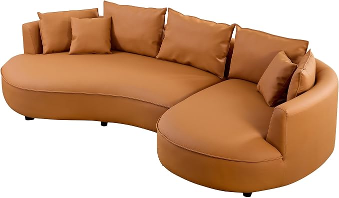 KEIKI 129" Curved Oversized Modular Bonded Leather Sectional Sofa with Right Chaise, 4 Pillows, 3 Back Cushion, Modern Comfy 5-Seater Couch, Easy Assembly, for Apartment, Living Room, Orange