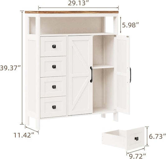 Vabches Farmhouse Storage Cabinet with 2 Doors and 4 Drawers, Freestanding Bathroom Storage Cabinets, Kitchen Pantry Cabinet, Floor Hutch Cupboard for Kitchen/Living Room/Bathroom(Unique White).