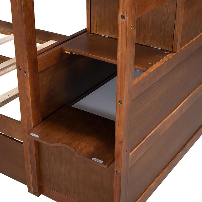 MERITLINE Twin Over Twin Bunk Beds with Trundle and Storage Box, Solid Wood Bunk Bed with Stairs and Storage Case for Teens Adults (Walnut + Solid Wood)