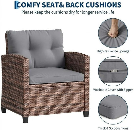 GarveeLife 3 Pieces Patio Furniture Set, PE Rattan Patio Conversation Set with Tempered Glass Tabletop, Outdoor Wicker Chairs and Table Set for Patio Balcony Garden, Brown and Grey