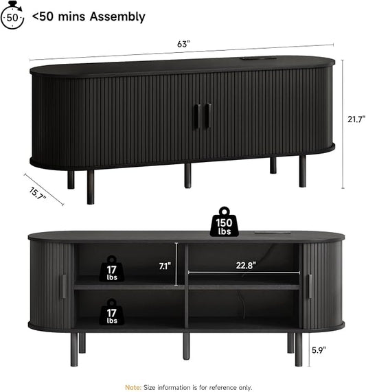 ONBRILL 63" TV Stand with Power Outlet for TVs up to 70 Inch, Entertainment Center with Storage and Adjustable Shelves, Modern Media Console with Sliding Doors for Living Room, Black