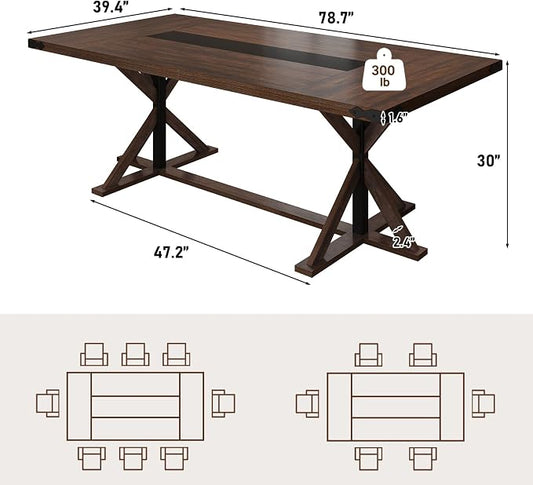 Hlivelood 78 Inch Dining Table for 8 People, Rectangular Kitchen Farmhouse Table W/Thickness Waterproof Wood Tabletop,Long Dining Room Tables W/Wood Strip Base for Kitchen Living Room(78IN Brown)