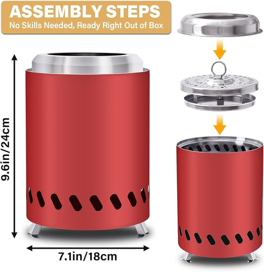 HGD 9.6 x 7.1 in Small Tabletop Fire Pit, Portable Mini Smokeless Table Top Firepit, Low Smoke Camping Stove for Outdoor & Patio, Fueled by Pellets or Wood, with Travel Bag, Stainless Steel, Red