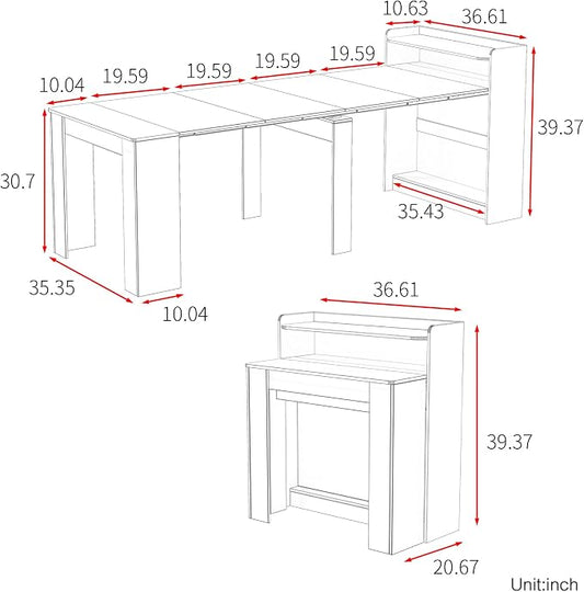 Transformer Extendable Dining Table 30”-88.4”L, Foldable Kitchen Dining Room Table with Storage for 1–10 People, Compact Space-Saving Expandable Wood Furniture, White
