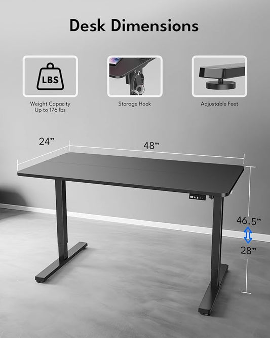 Standing Desk, Height Adjustable Electric Stand up Desk, 48 x 24 Inches Sit Stand Home Office Desk with Splice Board, Black Frame/Black Top