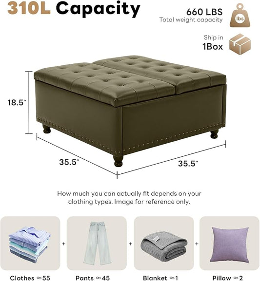 Tbfit Large Square Storage Ottoman Bench, Tufted Upholstered Coffee Table Ottoman with Lift Top & Wooden Legs, Oversized Storage Ottomans Toy Box for Living Room (Green PU)