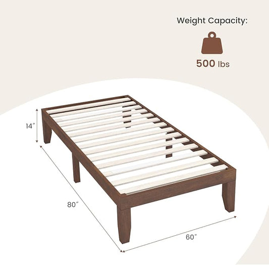 COSTWAY Wood Platform Bed Frame, 14 Inches Solid Rubber Wood Bed Mattress Foundation with Sturdy Slats Support, Easy Assembly Bed Frame for Home Hotel, No Box Spring Needed (Walnut, Twin)
