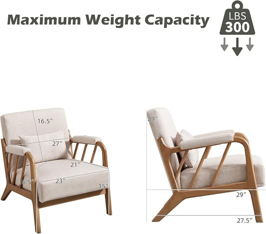 INZOY Mid Century Modern Accent Chair with Wood Frame, Upholstered Reading Armchair with Soft Linen Fabric, Accent Chair for Living Room Bedroom Apartment, Easy Assembly, Beige