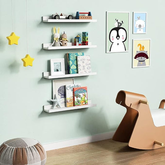 Forbena Floating Nursery Book Shelves for Wall, 24 Inches Long Wall Bookshelf for Kids Room, White Picture Ledge Shelf with Lip for Kid Toddler Child Childrens Bedroom Books (Solid Wood, Set of 4)