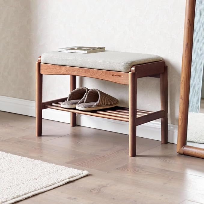 Solid Wood Shoe Bench Assembled, Shoe Rack Bench with Cushion for Entryway, Living Room, Bedroom, Hallway, 11.8" x 23.6" x 16.5", Walnut