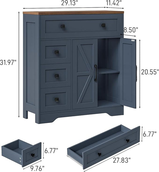 Vabches Farmhouse Storage Cabinet with 2 Doors and 4 Drawers, Freestanding Bathroom Storage Cabinet Kitchen Pantry, Floor Hutch Cupboard for Living Room/Bathroom/Kitchen,Blue