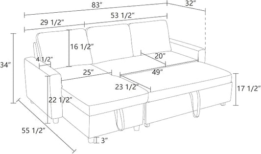 Pull Out Couch, L Shaped Sectional Couch with Pull Out Bed, Convertible Sofa Bed with Storage Chaise, Queen Size Sleeper Sofa, Sofa Bed Couch, Sleeper Sofa with Storage, Dark Brown