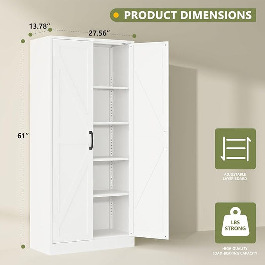 RAVIGIN Farmhouse Storage Cabinet,61" H Metal Pantry Cabinet with Barn Doors and Adjustable Shelves,61" H 4-Tier Rustic Pantry Organizers for Kitchen,Dining Room,White