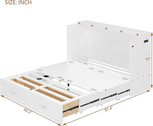 Ball & Cast Wall Bed Queen Size Murphy Beds with Drawer and a Set of Sockets,Multi-Functional Hideaway Cabinet w/USB Ports,Pulley Structure Design,Space Saving for Bedroom,Apartment,Studio,White