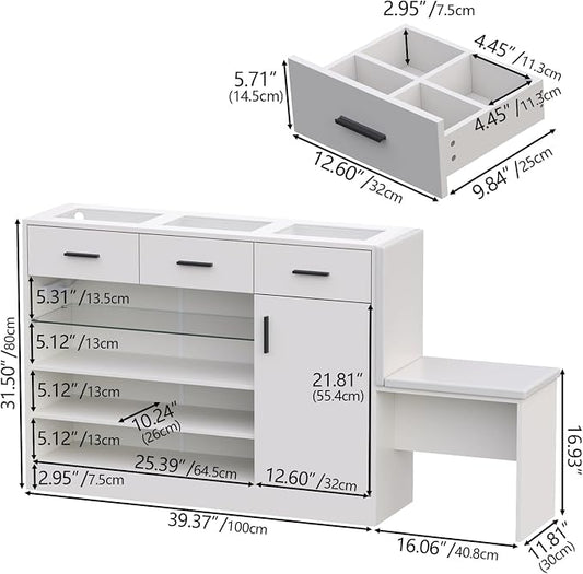 Wardrobe Armoire Closet with Charging & LED Light,Walk-in Closet Island Dresser with Glass Showcase,3 Drawers & Doors, Modern Storage Display Cabinet with Bench for Bedroom,Fitting Room & Shops(White)