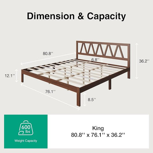 Novilla 12inch King Bed Frame Wooden King Bed Frame and Headboard, Solid Wood King Size Bed Frame with Headboard, No Box Spring Needed, Easy Assembly, Walnut