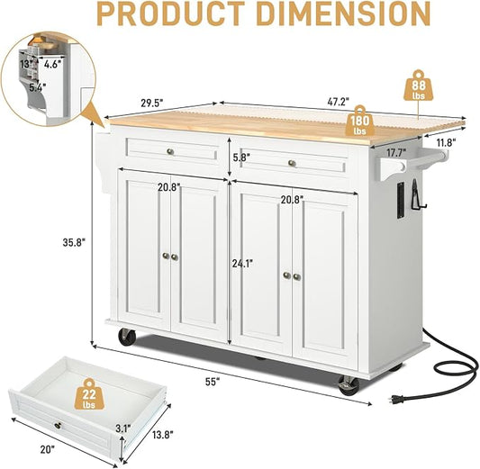 Hlivelood 55" Movable Kitchen Island with Drop Leaf and Power Outlet, Rolling Island Cart w/Storage Cabinet, Island Table on Wheels for Kitchen w/2 Drawers, Spice Rack, Towel Bar, Garage Hook, White