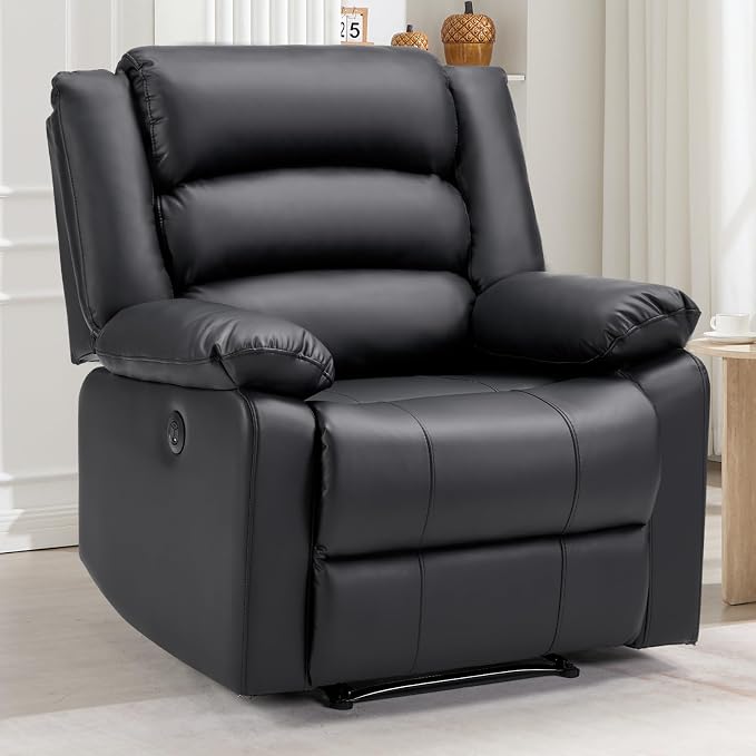EBELLO Faux Leather Classic Power Recliner Chair, Oversized Electric Overstuffed Reclining Chair with Soft Cushion and Back, Sofa with Comfortable Armchair, Classic Black