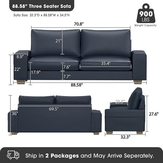 Valthie Faux Leather Couch, Mid Century Modern Comfy Loveseat Sofa with Wide Arm, Side Pockets, Solid Wooden Frame for Office, Living Room and Bedroom, 3 Seater (Blue, 88.58 inches)