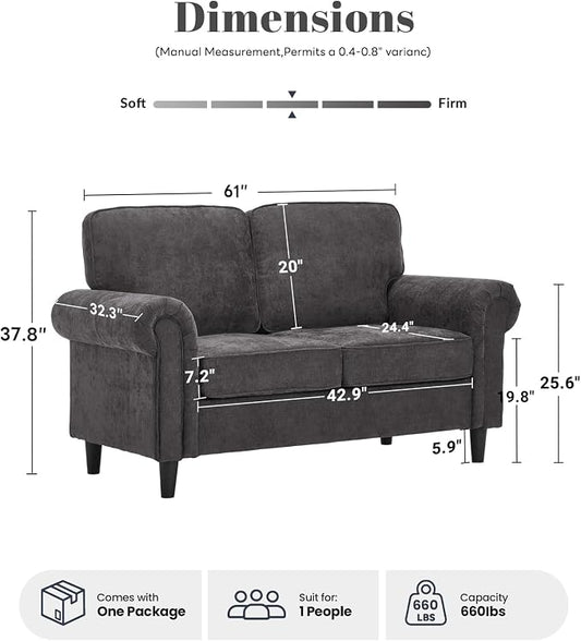 Kingfun Loveseat 2 Seater Couch, Mid Century Modern Chenille Sofa with Rolled Arms and Deep Seats, Fluffy Comfort for Living Room, Apartment, Easy Assembly, Grey