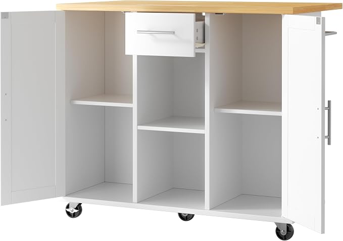 JY QAQA 42" Rolling Kitchen Island Cart with Storage, Drop Leaf Countertop, Drawers & Towel Rack, Mobile Kitchen Table on Wheels for Kitchen Dining Room, White
