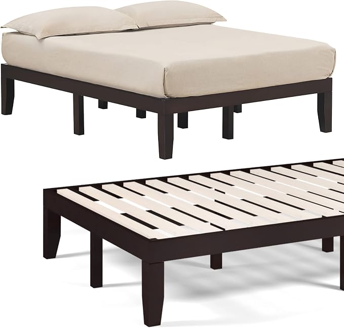 COSTWAY Full Size Wood Platform Bed Frame, 14 Inches Solid Rubber Wood Bed Mattress Foundation with Sturdy Slats Support, Easy Assembly Bed Frame for Home Hotel, No Box Spring Needed (Espresso, Full)
