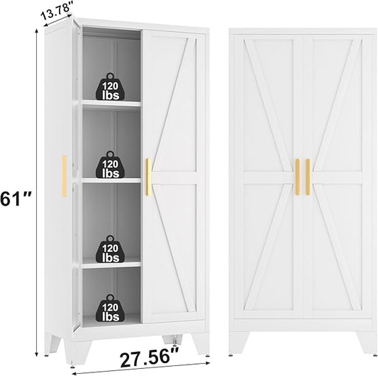Baborokic 61H Metal Storage Cabinet with 2 Doors and Adjustable Shelves,Farmhouse Storage Cabinet with Barn Doors,Pantry Storage for Home,Office,Bathroom,Dining Room,Kitchen(White)