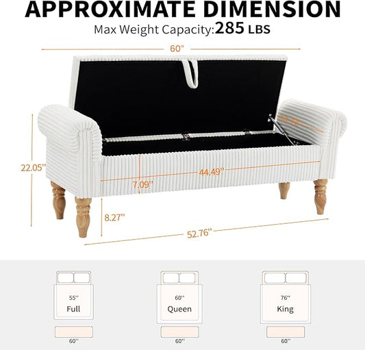 Storage Bench for Bedroom, 60" End of Bed Bench Premium Linen Upholstered Storage Ottoman, Entryway, Closet, White