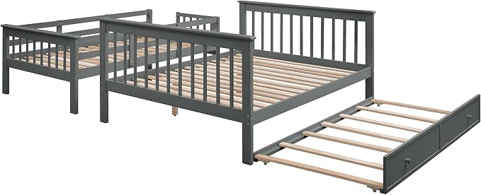 MERITLINE Twin Over Full Bunk Bed with Trundle, Storage Staircase,Solid Wood Bunk Bed with Stairs Box and Guardrail, No Spring Box Needed (Grey &Trundle,Twin Over Full)
