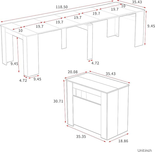 Transformer Dining Table for 12, 118” Expandable Rectangle Dining Room Table, Space Saving Folding Console Table, Modern Kitchen & Dining Furniture White