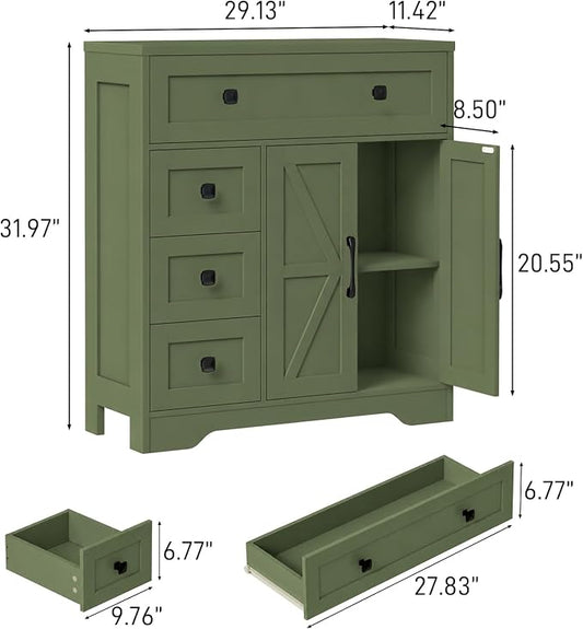 Vabches Farmhouse Storage Cabinet with 2 Doors and 4 Drawers, Freestanding Bathroom Storage Cabinet Kitchen Pantry, Floor Hutch Cupboard for Bathroom/Living Room/Kitchen.Green