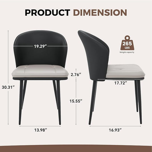 Faux Leather Dining Chairs Set of 2, Curved Back Upholstered Accent Chair, Modern Kitchen Side Chair with Metal Legs for Dining Room, Living Room, Bedroom, Black