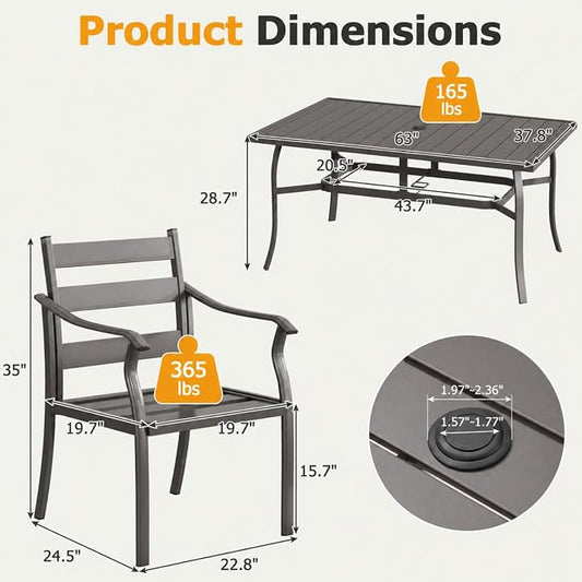 EROMMY 7-Piece Outdoor Patio Dining Set for 6, 6 Metal Slat Chairs & Rectangular Table with Umbrella Hole, Heavy-Duty Patio Furniture for Backyard, Deck and Garden