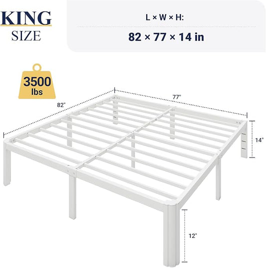 Allewie Metal King Size Bed Frame, 14 Inch 3500LBS Heavy Duty Platform Bed with Rounded Corner & Under Bed Space, No Box Spring Needed, Noise Free, Easy Assembly, White