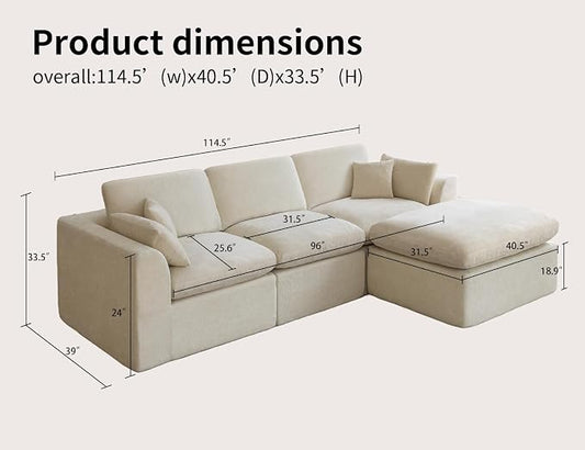 115" Modular Sectional Sofa – Modern Cloud Couch with Deep Chenille Seats, L-Shape Boneless Couch for Living Room, No Assembly, Warm White (3 Seater + 1 Ottoman)
