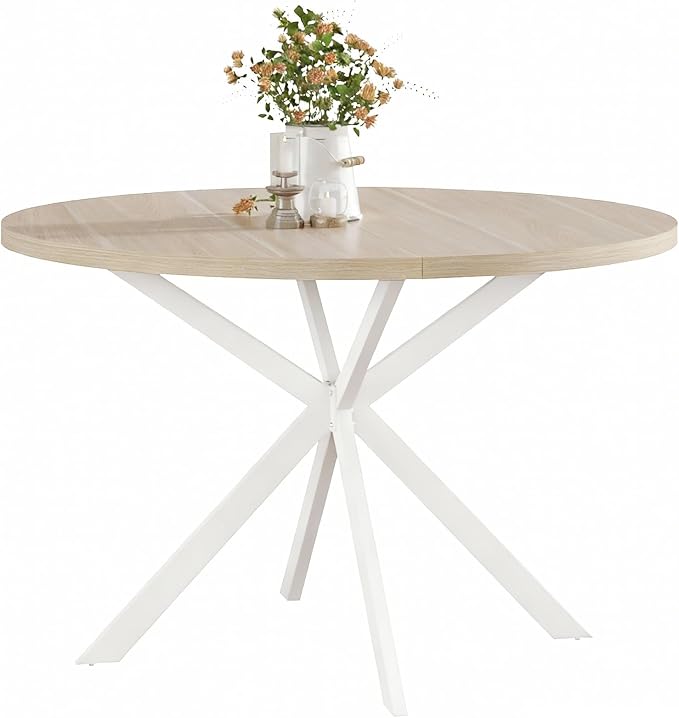 ChooChoo 47.2 Inch Round Dining Table for 4, Farmhouse Wood Kitchen Table, Circle Dinner Table for Kitchen & Dining Room, Natural Oak&White