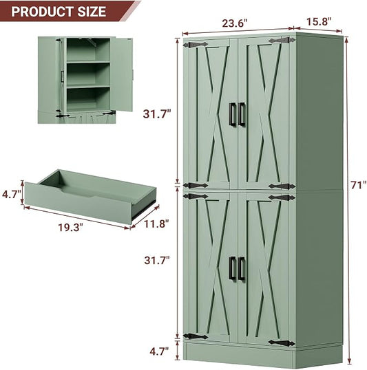 Unikito 71" Tall Kitchen Pantry Storage Cabinet with Farmhouse Barn Doors and Storage Drawer, 4 Adjustable Shelves, Freestanding Cupboard for Dining Room, Living Room, Utility Room, Green