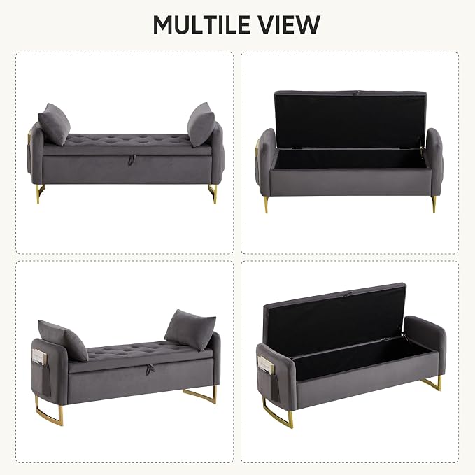 48" End of Bed Bench, Modern Storage Benches with Button-Tufted, Velvet Upholstered Storage Ottoman Bench for Foot of Bed with Arms, Gold Legs Window and Entryway, Dark Grey