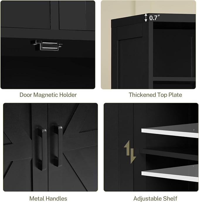 TEENFON Storage Cabinet with Doors & 2 Drawers, Kitchen Cabinet with Adjustable Shelf, Pantry Cabinets, Bathroom Cabinets, for Living Room, Entryway, Home Office, Black