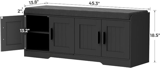 Homleke 2-Tier Storage Bench, Shoe Bench with Thickened Padded Seat Cushion, Entryway Bench with 4 Doors, Adjustable Shelf, 13.8" D x 45.3" W x 18.5" H, for Entryway, Living Room, Bedroom, Black