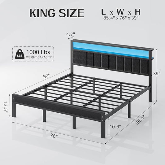 OLEVS King Bed Frame with Charging Station & LED Lights, Modern Platform Bed with Upholstered Storage Headboard, No Box Spring Needed Noise Free