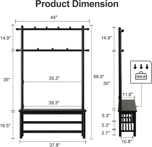 AQIMUELE Coat Rack with Shoe Storage, Wooden Hall Tree with Bench, 11 Hooks and 2-Tier Storage Shelves, 3-in-1, Entryway Bench with Coat Rack (39.3"-Black)