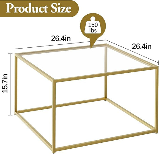Glass Coffee Table, Small Square Coffee Table for Living Room,Simple Modern Center Tables for Small Spaces, Gold Living Room Tea Tables Easy Assembly,26 * 26in(Gold & Clear Glass)